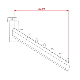 Schemat wymiarowy skośnego haka sklepowego na odzież z bolcami na panel MDF o długości 35 cm.