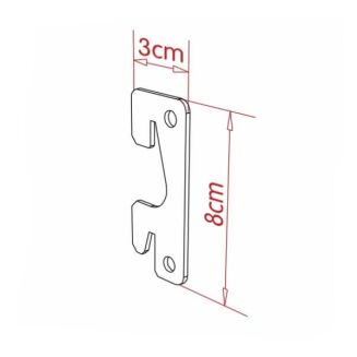 Rysunek schematyczny uchwytu do montażu płyty laminowanej regału o wymiarach 8 cm x 3 cm