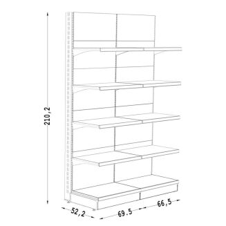 Rysunek techniczny dwumodułowego regału metalowego przyściennego Velocto Dark z wymiarami: wysokość 210,2 cm, głębokość 52,2 cm oraz moduły o szerokości 69,5 cm i 66,5 cm.