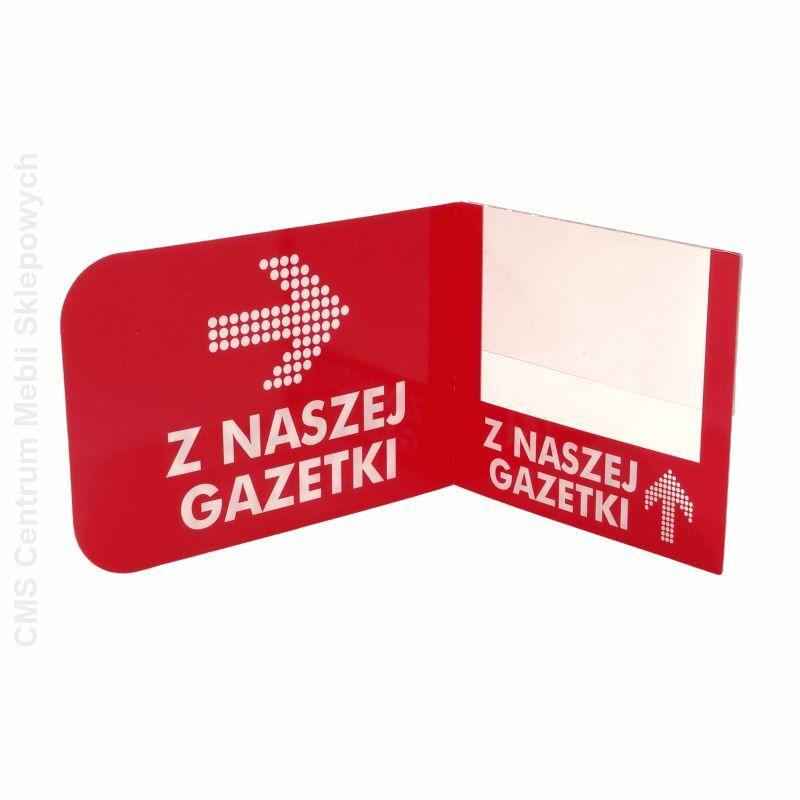 Czerwona osłonka cenowa POS „Z NASZEJ GAZETKI” z przezroczystą kieszonką na cenówkę i białą strzałką promocyjną.