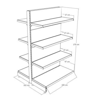 Rysunek techniczny z wymiarami dwustronnej gondoli sklepowej Brevius 170x100x102 cm.