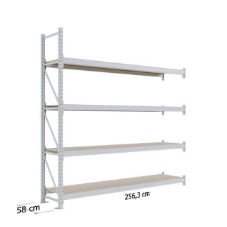 Szary regał magazynowy dobudowywany wzmocniony z czterema półkami o wymiarach 256,3 cm szerokości i 58 cm głębokości