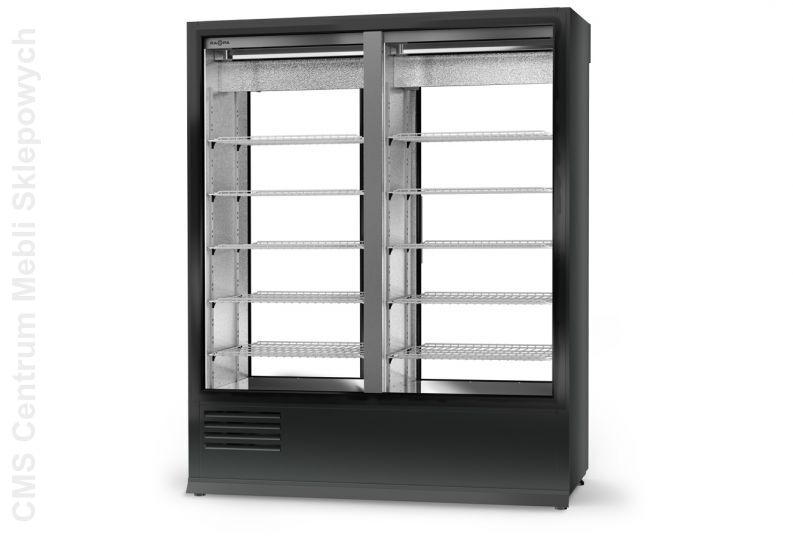 Szafa chłodnicza dwustronnie przeszklona, drzwi rozsuwane, stała szyba od strony klienta