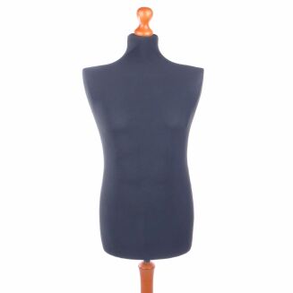 Manekin krawiecki męski czarny na drewnianej nodze kolor orzech przodem z bliska