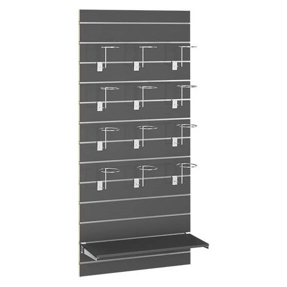 Moduł sklepowy naścienny w kolorze antracytowym z zawieszkami i półką