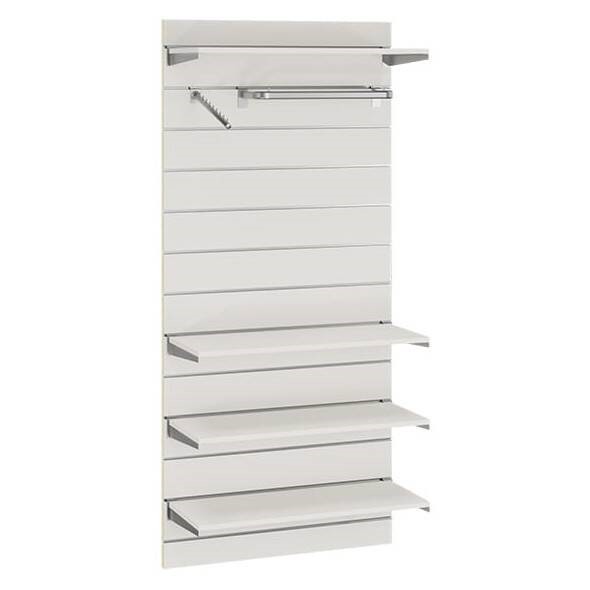 Moduł sklepowy naścienny w kolorze popiel z czterema półkami i zawieszkami