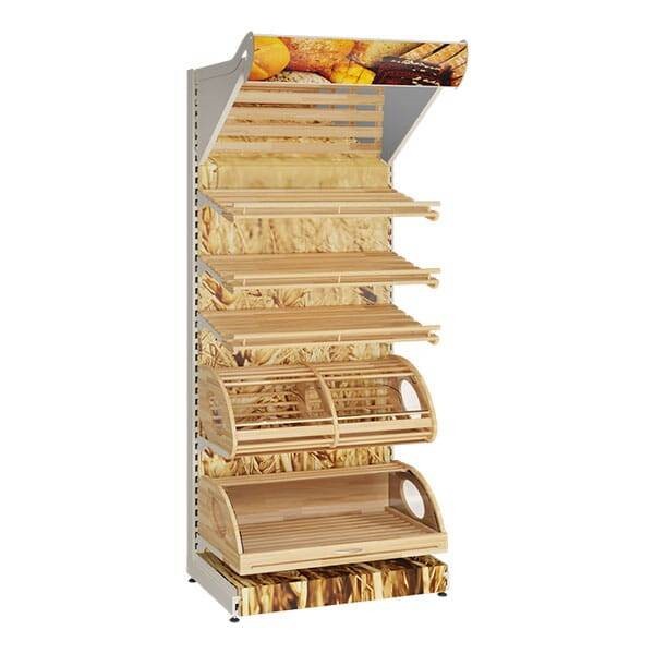 Regał sklepowy piekarniczy z drewnianymi półkami i grafiką